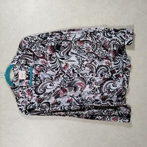 03128 Elie Tahari taupe, wine, and black floral print L/S blouse L